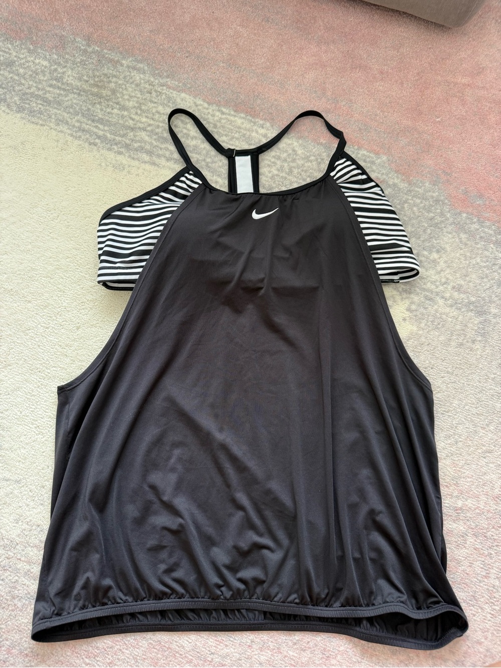 Nike Black Women's Athletic Tank Top with Black-and-White Stripe Sleeves